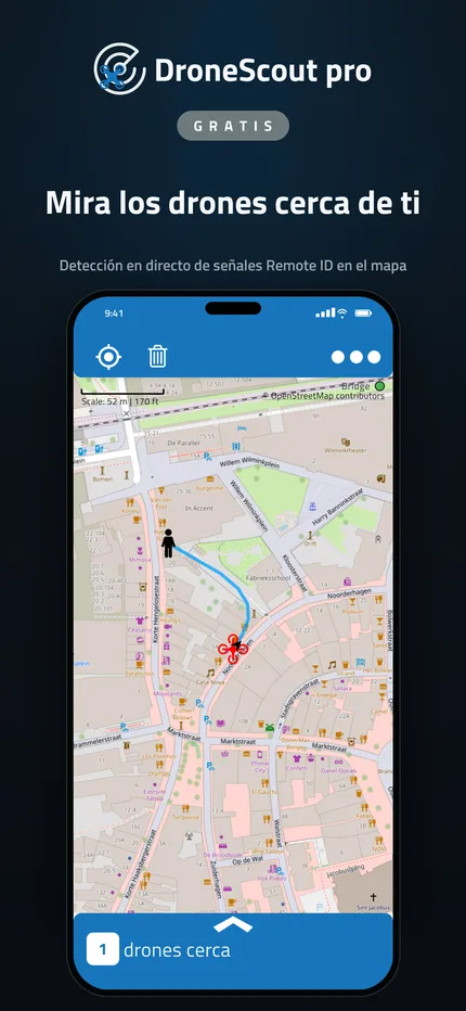 Mapa de DroneScout con drones cercanos detectados por Remote ID