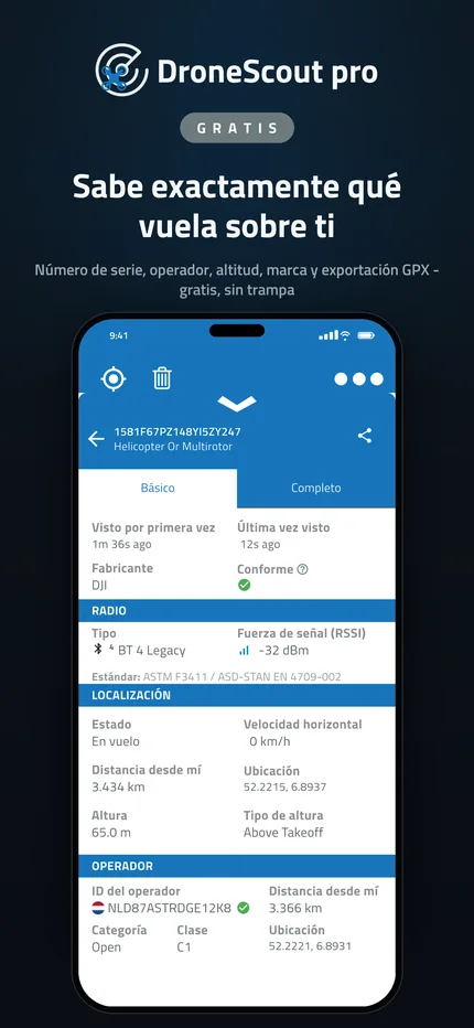 Todos los datos de la emisión Remote ID de un dron detectado