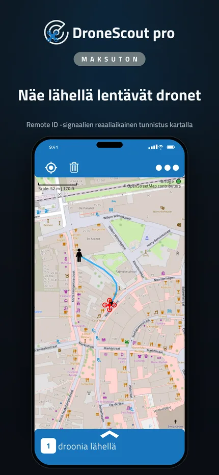 DroneScoutin kartta, jossa näkyvät Remote ID:n avulla havaitut lähellä olevat dronet