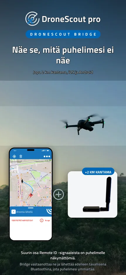DroneScout Bridge laajentaa Remote ID -havaitsemisen kantaman noin 2 kilometriin