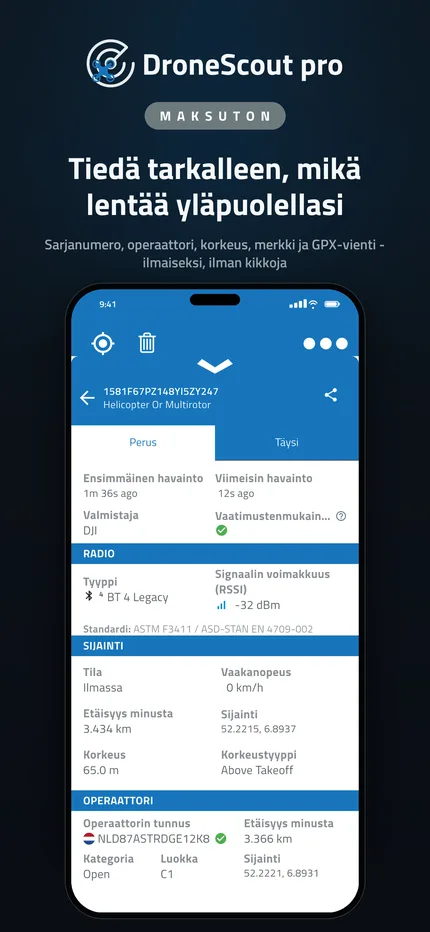 Havaitun dronen Remote ID -lähetyksen kaikki tiedot