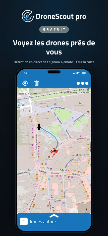 Carte DroneScout montrant les drones proches détectés par Remote ID