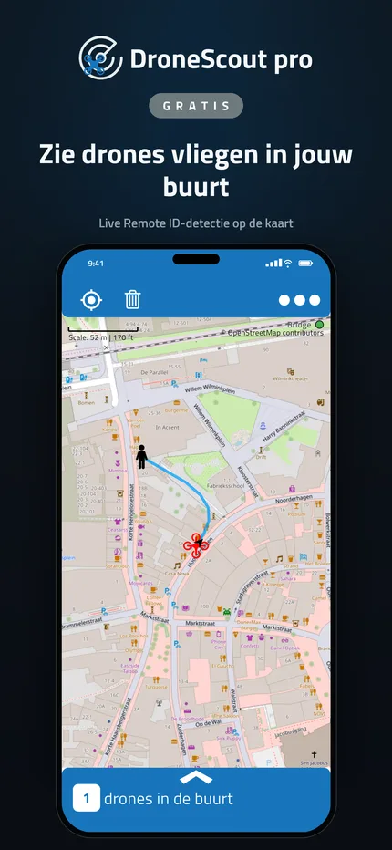 DroneScout-kaart met drones in de buurt, gedetecteerd via Remote ID