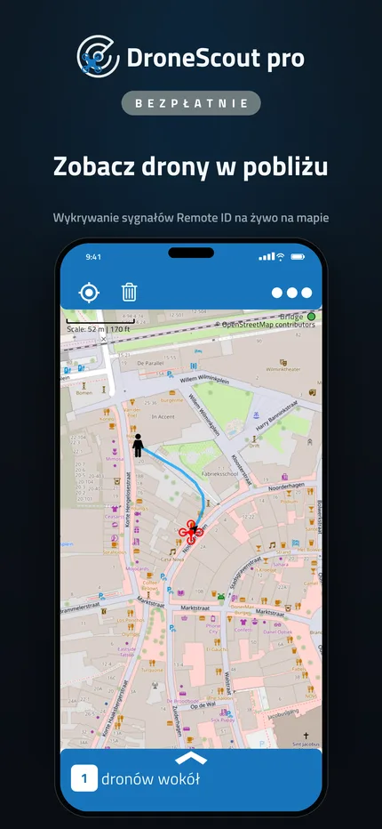 Mapa DroneScout z pobliskimi dronami wykrytymi przez Remote ID