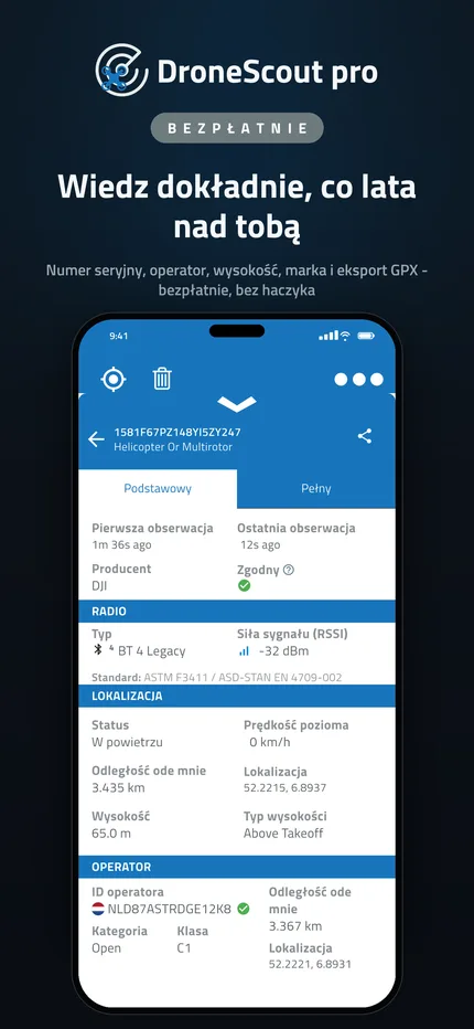 Pełne dane transmisji Remote ID wykrytego drona