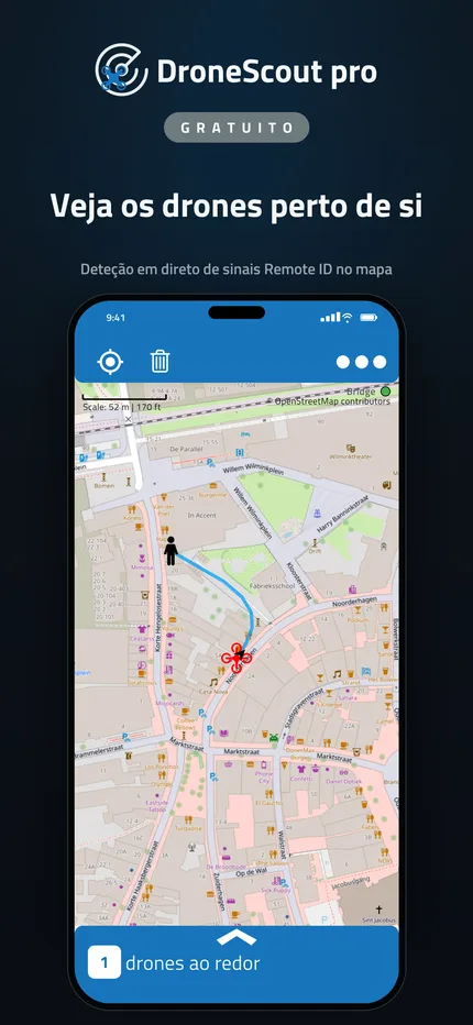 Mapa do DroneScout com drones próximos detetados por Remote ID