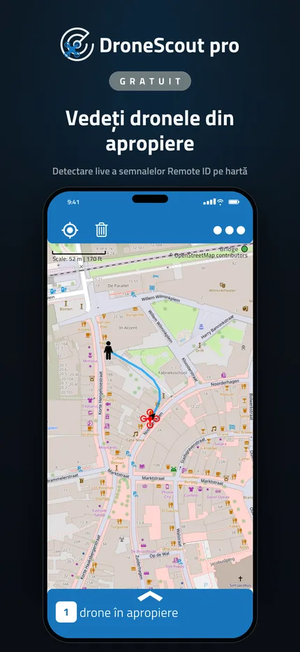 Harta DroneScout cu drone din apropiere detectate prin Remote ID